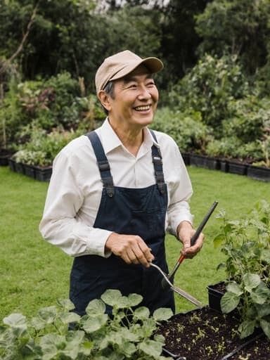 40대 동양인 남성이 작업복과 모자를 착용하고, 식물 번식 도구를 손에 들고 기쁘게 주변의 식물을 바라보는 모습의 전신 샷, 푸르고 다양한 식물들로 가득한 공원에서 촬영된 이미지입니다.