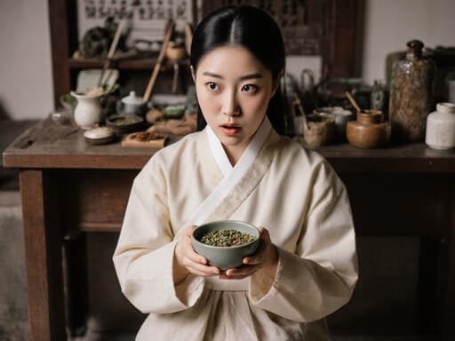10대 초반의 아시아계 소녀가 전통 한복 상의와 편안한 바지를 입고, 놀란 표정으로 한약재가 담긴 작은 그릇을 양손으로 들고 있습니다. 배경은 한약 조제를 위한 도구들이 놓인 아늑한 한의원으로, 따뜻하고 매력적인 분위기를 자아냅니다.
