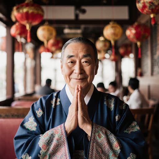 70대 한국 남성이 전통 한복을 입고, 두 손을 모아 인사하는 모습의 반신 사진. 축제를 기념하는 장식으로 꾸며진 아늑한 카페 내부에서 촬영되었습니다.