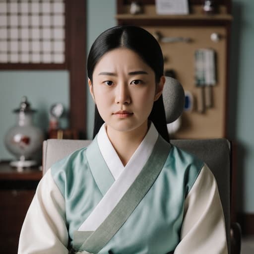 전통 한복 스타일의 상담복을 입은 혼혈 10대 소녀의 반신 샷으로, 한의원에서 상담 중 고민하는 듯한 표정으로 몸을 약간 앞으로 숙이고 앉아 있습니다. 배경은 전통적인 한의학 기구와 차분한 색감의 인테리어가 어우러져 편안한 분위기를 연출합니다.