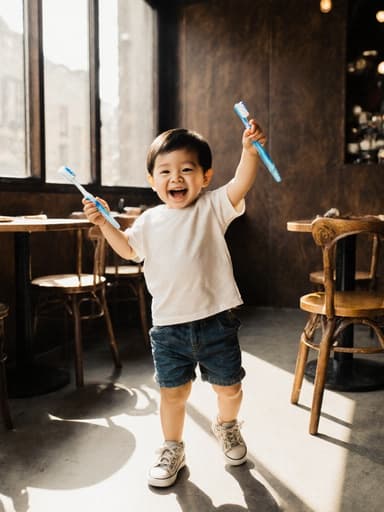 아늑한 카페에서 즐겁게 춤추고 있는 1세 남자 아시아계 아이의 전신 샷. 양손에 칫솔을 들고 편안한 티셔츠와 반바지, 귀여운 스니커즈를 신고 있으며, 따뜻한 햇빛과 밝은 분위기에 둘러싸여 있습니다.