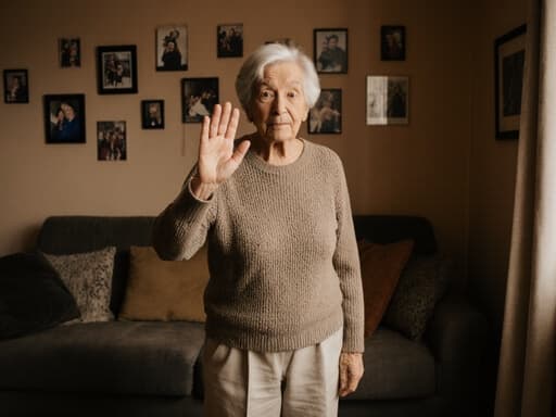 70대 유럽계 여성의 반신 사진. 편안한 니트 스웨터와 바지를 입고 지루한 표정으로 손을 흔들며 인사하는 자세를 취하고 있으며, 따뜻한 색조의 거실에서 소파와 가족 사진이 걸린 벽을 배경으로 하고 있습니다.