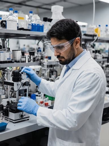 30대 라틴계 남성이 실험실 가운과 보호 안경을 착용하고 최신 장비로 가득한 현대적인 실험실에서 연구 장비를 조정하고 있는 모습의 반신 사진입니다. 그의 표정은 걱정을 나타내며, 첨단 환경에서의 진지한 작업을 강조합니다.
