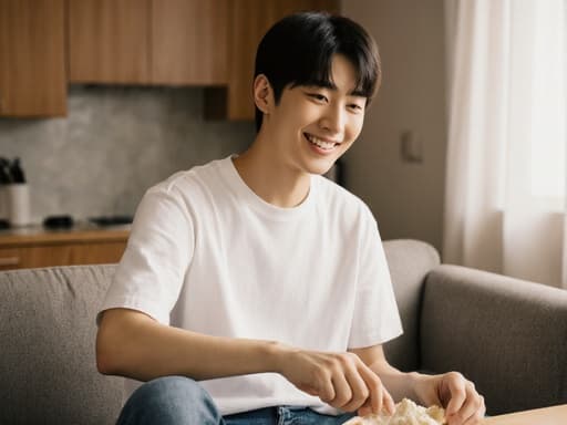 10대 초반의 한국인 남성이 캐주얼한 티셔츠와 청바지를 입고, 아늑한 주방의 소파에 편안하게 앉아 요리를 하고 있는 모습입니다. 매력적인 미소와 자연스러운 자세가 그의 요리 창의력을 잘 보여주는 따뜻한 분위기를 연출합니다.