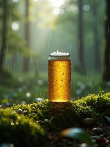 이끼 낀 숲 바닥에 맥주 캔, 빗방울이 gently 떨어지는 모습, 흐릿한 녹지가 배경, 캔에 실제 물방울, 나무 사이로 부드러운 자연광, 높은 디테일, 사진처럼 사실적, 4K