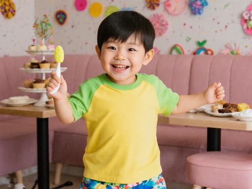귀여운 3세 한국인 남성이 밝은 색상의 티셔츠와 반바지를 입고 이 닦기 용품을 들고 즐겁게 춤추고 있습니다. 그의 행복한 미소가 아기자기한 디저트가 놓인 카페 배경을 밝혀주며, 즐겁고 유쾌한 분위기를 만들어냅니다.