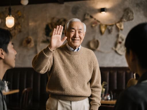 80대 한국인 남성의 반신 사진으로, 편안한 니트 스웨터와 면바지를 입고 가족을 향해 손을 흔들며 따뜻하게 미소 짓고 있는 모습이며, 아늑한 장식이 있는 카페 내부에서 가족과 함께하는 즐거운 분위기를 만들어내고 있습니다.