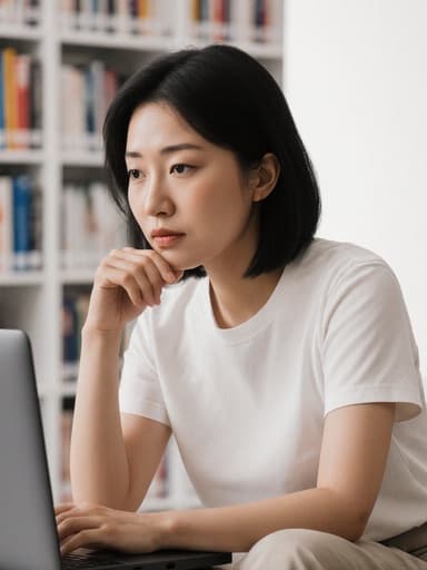 30대 동양인 여성이 캐주얼한 복장을 입고 노트북을 바라보며 손을 올려놓고 깊은 생각에 잠긴 모습의 반신 사진, 현대적인 도서관에서 책장이 보이는 배경으로 집중과 사색의 분위기를 전달합니다.