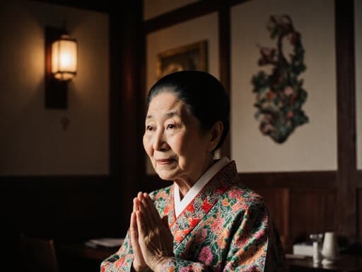 전통적인 한복을 입고 걱정스러운 표정을 지으며 두 손을 모아 인사하는 80대 동양인 여성의 반신 사진. 따뜻한 조명과 한국 전통 장식이 있는 아늑한 전통 카페에서 촬영되었습니다.