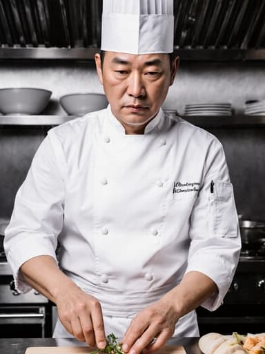 50대의 신뢰감 있는 동양인 남성이 흰색 요리복과 머리 덮개를 착용하고, 현대적이고 깔끔한 요리 스튜디오에서 재료를 다듬으며 진지한 표정을 짓고 있는 모습의 반신 사진입니다.