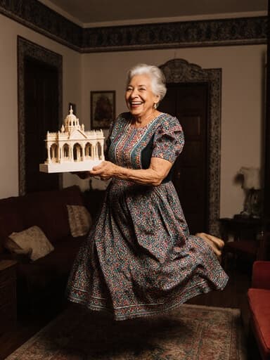 70세 라틴계 여성이 화려한 전통 라틴 아메리카 스타일의 드레스를 입고, 따뜻한 미소를 지으며 전통 건축 모델을 손에 들고 점프하는 모습의 전신 사진. 아늑한 거실 배경에는 전통 건축 요소가 있어 문화적 주제를 강조합니다.