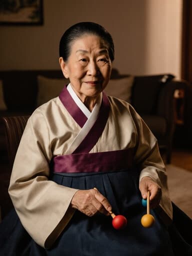 80대의 동양인 여성이 전통 한복을 입고, 따뜻한 조명이 비추는 아늑한 거실에서 전통 놀이 도구를 손에 쥐고 고마워하는 표정으로 미소짓고 있는 모습의 반신 사진.