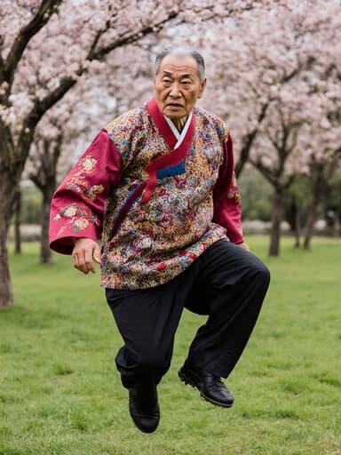 80대 동양인 남성이 화려한 전통 한복을 입고, 걱정스러운 표정을 지으며 전통 춤을 추기 위해 힘차게 점프하고 있는 전체 신체 샷입니다. 배경은 푸른 잔디와 꽃들이 있는 평화로운 공원입니다.