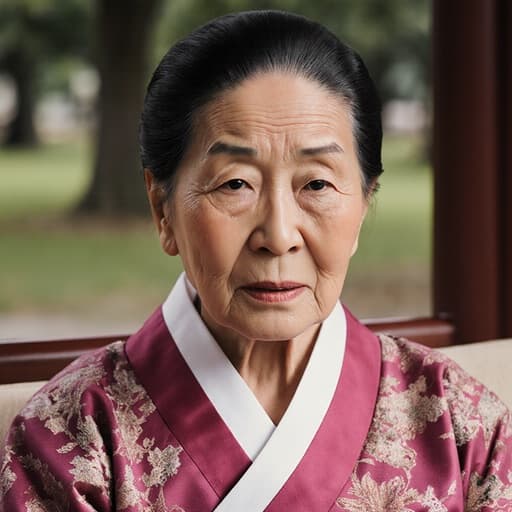 80대 한국인 여성이 전통 한복을 입고 조용한 공원에서 소파에 편안히 앉아 있습니다. 피곤한 표정은 그녀의 삶의 무게를 드러내며, 배경에서 전통 음악의 분위기를 즐기고 있습니다.