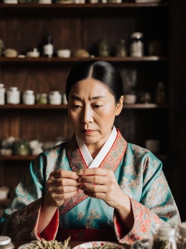 50대 혼혈 여성의 반신 샷으로, 자연스러운 외모를 가진 그녀는 전통 한복을 입고 있습니다. 진지한 표정으로 한약 재료를 살펴보며 깊은 고민에 빠져 있는 모습이 아늑한 전통 한약 상담실에서 포착되었습니다. 배경의 따뜻하고 초대하는 분위기는 그녀의 사색적인 감정을 강조하며, 주제의 문화적 중요성을 드러냅니다.
