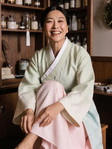 40대 아프리카계 여성의 반신 촬영 모습으로, 자연스러운 외모와 행복한 미소를 지으며 전통 한복 스타일의 신발을 신는 장면입니다. 따뜻하고 아늑한 한의원 배경이 문화적인 분위기를 더해줍니다.