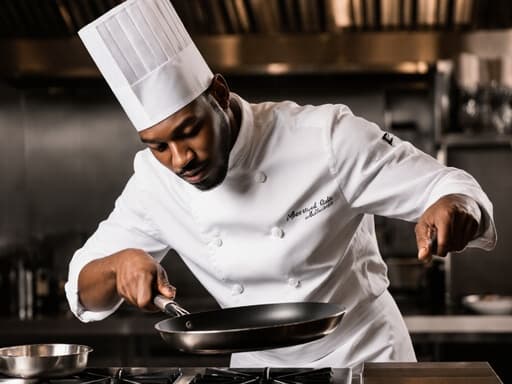 세련된 레스토랑 주방에서 흰색 조리복과 셰프 모자를 착용한 20대 흑인 남성 셰프가 팬을 들고 점프하며 자신감 넘치는 모습의 중간 샷. 고급스럽고 역동적인 분위기를 자아냅니다.