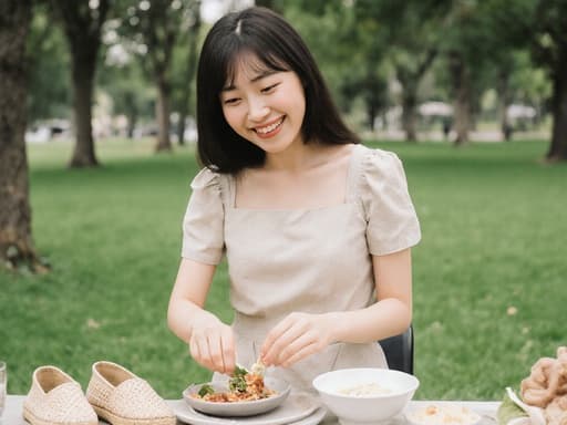 이 이미지는 가벼운 원피스와 에스파드리유를 착용한 밝은 표정의 아시아계 10대 소녀가 아름다운 공원 환경에서 요리 재료와 즐겁게 상호작용하고 있는 모습을 보여줍니다. 푸른 잔디와 나무들로 둘러싸인 화창한 분위기 속에서 포착되었습니다.
