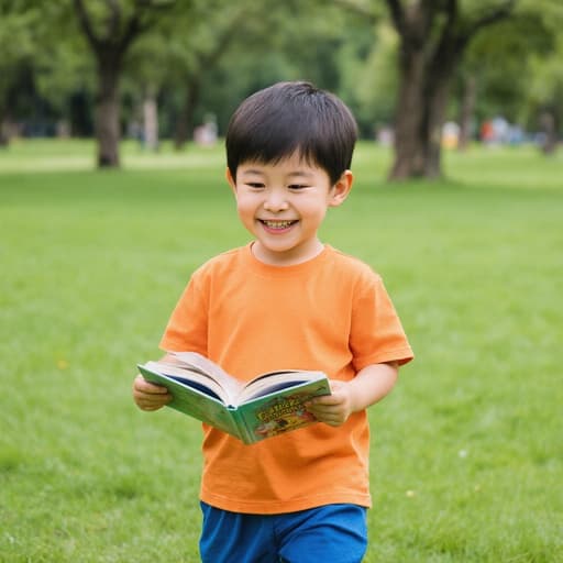공원에서 걷고 있는 귀여운 3세 남성 동양인이 책을 즐기고 있는 반신 사진입니다. 그는 밝은 색의 티셔츠와 반바지를 입고 있으며, 장난스럽고 행복한 표정을 짓고 있습니다. 배경은 푸른 잔디와 나무들로 가득 차 있어 그의 즐거운 표정과 잘 어울리는 생동감 넘치는 분위기를 제공합니다. 소년은 한 손에 책을 들고 걸으며 호기심과 행복을 표현하고 있습니다.