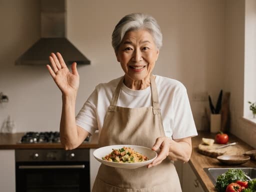 60대 동양인 여성이 자연스러운 외모로 편안한 티셔츠와 앞치마를 착용하고, 아늑한 주방에서 음식을 서빙하며 놀란 표정을 짓고 있는 반신 샷입니다. 그녀는 요리를 서빙하는 동안 손을 들고 춤추는 듯한 동작을 하고 있으며, 따뜻한 조명이 비치는 주방의 분위기가 더욱 포근하게 느껴집니다. 조리대 위에는 다양한 재료들이 아기자기하게 놓여 있어 조화롭고 매력적인 장면을 연출합니다.