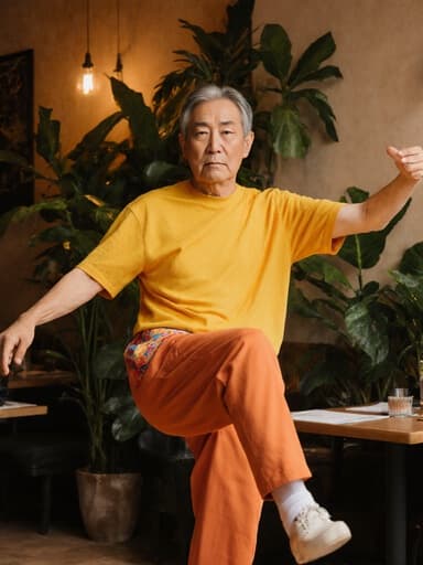 60대 한국인 남성이 클래식한 외모로 밝은 색상의 티셔츠와 바지를 입고 진지한 표정으로 춤을 추는 전신 샷입니다. 양팔을 우아하게 펼치고 한쪽 발을 들어올리며, 따뜻한 조명과 식물로 가득한 아늑한 카페 배경 속에서 촬영되었습니다.