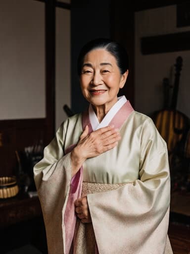 70대 동양인 여성이 아름다운 전통 한복을 입고, 손을 가슴에 얹고 고마운 표정을 짓으며 걸어가는 모습의 반신 사진. 아늑한 거실에 전통 악기들이 장식되어 있어 따뜻한 분위기를 더하고 있습니다.