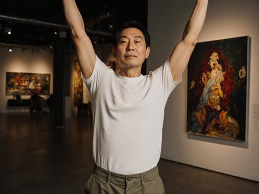 평온한 표정을 가진 40대 아시아계 남성이 편안한 티셔츠와 작업용 바지를 입고, 다양한 그림이 전시된 아름다운 갤러리 배경에서 팔을 위로 쭉 뻗어 스트레칭하고 있습니다. 전체적인 분위기는 창의적이고 차분합니다.