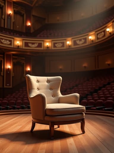 고급스러운 라운지 체어가 클래식 오케스트라 홀의 중앙에 배치되어 따뜻한 조명과 부드러운 그림자를 비추고 있습니다.