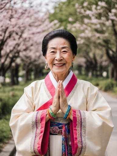 화려한 장신구를 착용한 전통 한복을 입은 70대 한국인 여성이 가슴 높이로 손을 들어 인사하며 따뜻하게 미소 짓고 있는 모습의 반신 샷, 아름다운 나무와 꽃들로 가득한 공원이 배경으로 펼쳐져 있습니다.