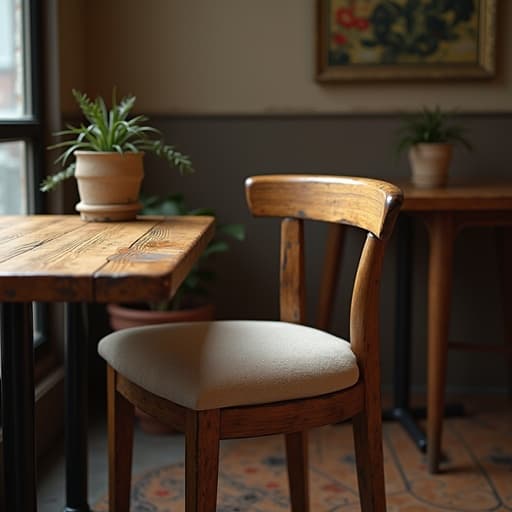부드러운 직물로 만든 나무 빈티지 의자가 빈티지 카페 테이블 위에 놓여져 따뜻하고 초대하는 분위기를 만들어냅니다.