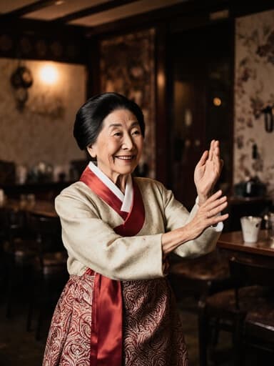 아늑한 카페 내부에서 전통 한복을 입고 손을 가볍게 흔들며 춤추고 있는 80대 백인 여성의 따뜻한 미소를 담은 반신 촬영 이미지.