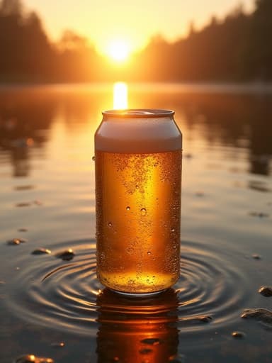 맥주, 반짝이는 호수, 황금빛 노을, 평온한, 따뜻한