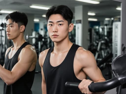 10대 후반의 아시아계 남성이 세련된 스포츠 트레이닝 복을 입고 헬스장 거울 앞에서 자신을 점검하고 있습니다. 현대적인 헬스장 배경에는 다양한 운동 기구와 역동적인 조명이 있어 에너지가 넘치는 분위기를 자아냅니다.