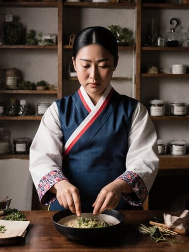 전통 한복을 입고 약재를 다듬고 있는 10대 후반의 흑인 여성의 반신 사진. 그녀는 전통 한의원 내부에서 약재와 도구들이 진열된 선반에 둘러싸여 약간 찡그린 표정으로 진지하게 요리하는 자세를 취하고 있습니다.