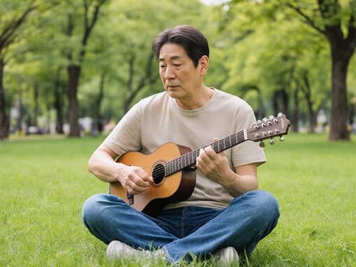 50대 한국인 남성이 간편한 티셔츠와 청바지를 입고, 푸른 나무와 잔디가 있는 공원에서 크로스 레그로 앉아 악기에 집중하며 자신감 넘치는 표정을 짓고 있는 모습을 반신 촬영한 이미지입니다.