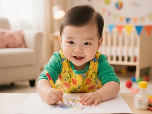 사랑스러운 외모의 1살 한국 아기가 밝은 색상의 옷을 입고 사랑스럽게 웃으면서 그림을 그리기 위해 스트레칭하는 모습의 반신 사진. 아기 방의 아늑한 거실에는 부드러운 장난감과 파스텔 색상 장식이 가득하다.