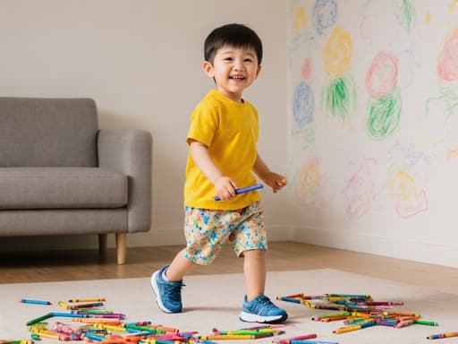 아늑한 거실에서 그림 도구를 들고 즐거워하는 3세 한국 남자아이의 매력적인 반신 이미지, 바닥에 다양한 색상의 크레파스가 흩어져 있고, 벽에는 아이의 그림이 장식되어 있으며 순수한 행복이 넘친다.