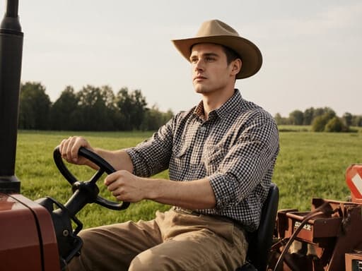20대 백인 남성이 체크무늬 셔츠와 작업 바지를 입고 편안하게 앉아 농기계를 조작하는 모습입니다. 푸른 잔디와 나무들이 있는 평화로운 농장 배경이 그의 차분한 표정을 보완하며 조화로운 농촌 풍경을 만들어냅니다.