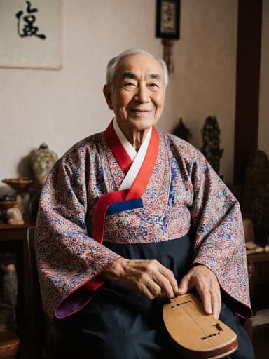 전통 한복을 입은 70대 동양인 남성이 아늑한 거실에 앉아 따뜻한 미소를 지으며 전통 악기를 손에 들고 있는 모습, 전통 소품들로 장식된 풍경 속에서 문화적인 풍요로움을 전합니다.