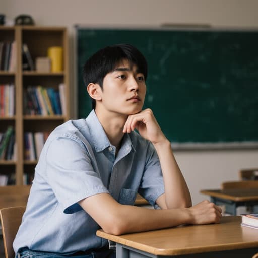 20대 아시아계 남성이 캐주얼한 셔츠와 청바지를 입고 교실의 책상에 기대어 앉아 있습니다. 그는 걱정스러운 표정을 지으며 손으로 턱을 받치고 있고, 배경에는 책장과 칠판이 보입니다. 부드러운 조명이 장면의 사려 깊은 분위기를 강조합니다.