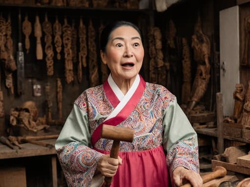 전통 한복을 입고 나무 망치를 들고 걷고 있는 60대 한국인 여성이 놀란 표정을 지으며, 전통 목공 작업장에서 나무 조각들로 가득 찬 모습을 담고 있습니다. 넓게 뜬 눈의 놀란 표정은 그녀가 이 장인 정신에 몰두하고 있는 모습을 잘 나타내고 있으며, 잘 조명된 환경에서 그 아름다움을 강조합니다.