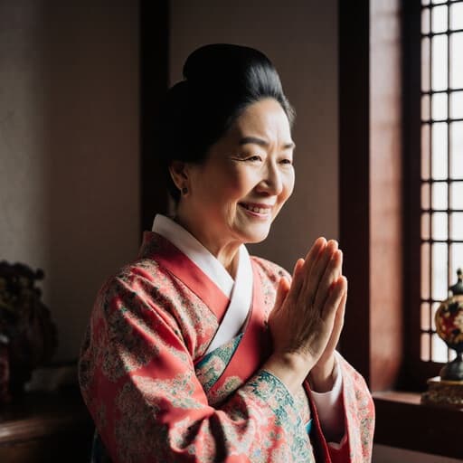 70대 혼혈 여성으로, 화려한 한국 전통 한복을 입고 따뜻한 미소를 지으며 손을 가슴 앞에 모으고 고개를 약간 숙인 채 전통적인 한국식 거실에 서 있는 모습, 아늑한 장식들이 가득한 공간.