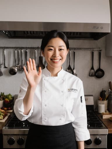 30대 아시아계 여성이 화사하게 미소 지으며 잘 정돈된 주방에 서 있습니다. 그녀는 흰색 셔츠와 검은색 조리복을 착용하고 있으며, 오븐 앞에서 손을 들어 인사하는 자세를 취하고 있습니다. 다양한 조리 도구와 재료들이 있는 주방은 전문적이면서도 아늑한 분위기를 자아냅니다.