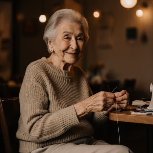 80대 혼혈 여성의 반신 촬영, 편안한 니트 스웨터와 면바지를 입고, 바느질에 집중하며 미소를 짓고 있는 모습이 따뜻한 카페의 바느질 도구와 함께 담겨 있습니다.