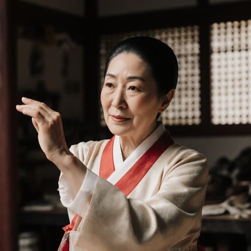 70대 한국인 여성의 차분한 반신 촬영으로, 자연스러운 외모와 전통 한복을 착용하고 있습니다. 그녀는 부드러운 손짓으로 전통 춤을 추며 평온함을 표현하고 있습니다. 배경은 부드러운 조명이 비치는 전통적인 공예 작업실로, 장면의 문화적 분위기를 더욱 돋보이게 하며, 전체적인 구성은 그녀의 우아함과 의상의 아름다움을 강조합니다.