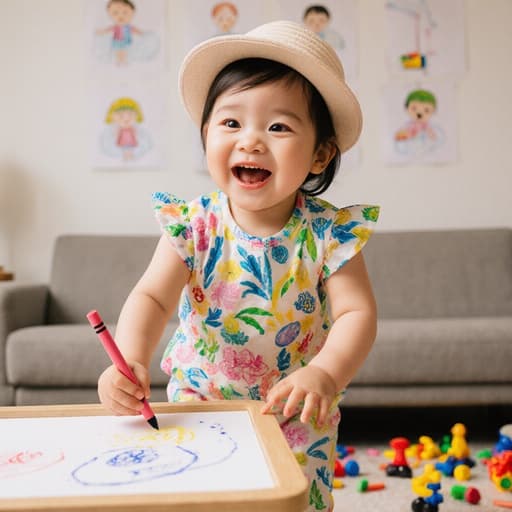 귀엽고 색색의 옷과 모자를 쓴 1세 한국 아기 소녀의 반신 샷. 즐겁게 웃으며 크레용을 들고 아늑한 거실을 걷고 있는 모습으로, 벽에는 아기 그림이 걸려 있고 바닥에는 다양한 장난감이 놓여 있는 따뜻한 분위기입니다.