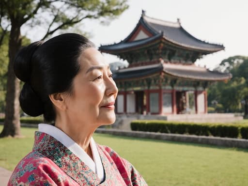 70대의 혼혈 여성의 반신 사진으로, 전통적인 한복을 입고 아름다운 공원에 앉아 전통 건축물을 바라보며 편안하고 만족스러운 표정을 짓고 있는 모습, 자연과 문화가 어우러진 그림 같은 배경 속에서.