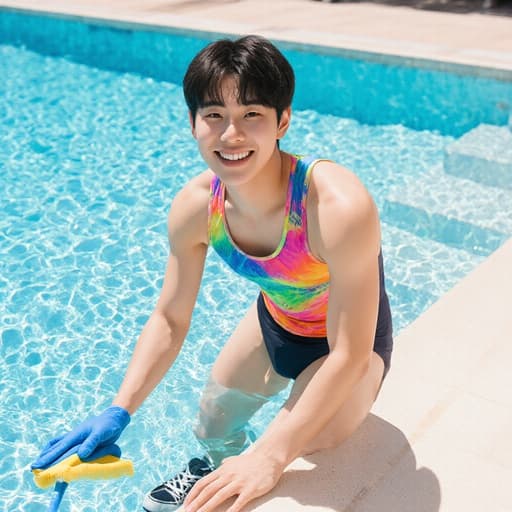10대 후반의 한국 남성이 맑은 수영장 가장자를 청소하며 친근하게 미소짓고 있습니다. 그는 수영복과 운동화를 입고 있으며, 밝은 파란 하늘과 맑은 물이 아늑한 분위기를 더합니다.