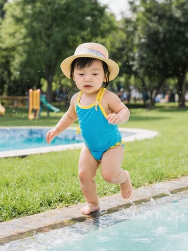 밝은 색상의 수영복과 귀여운 모자를 쓴 1세의 동양인 여성 아이가 공원에서 작은 풀장으로 약간 비틀거리며 걸어가는 전신 사진입니다. 그녀는 졸린 표정을 지으며 약간의 피곤함이 느껴집니다. 배경은 푸른 잔디와 나무들로 가득 차 있으며, 물놀이를 즐기기에 완벽한 생동감 넘치는 분위기를 만들어냅니다.