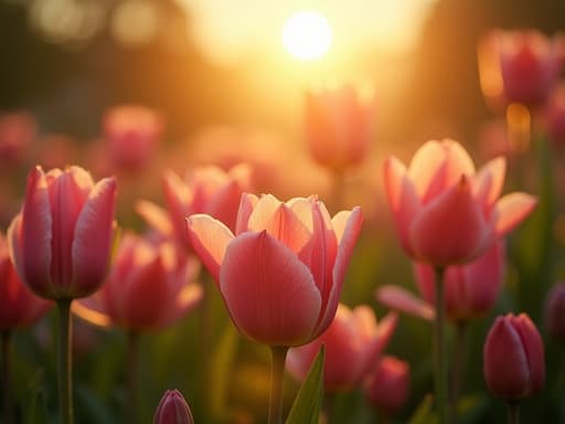 활짝 핀 꽃이 있는 정원에서의 무드등, 고요하고 평화로운 분위기.